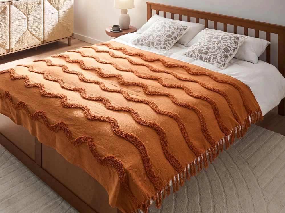 Coperta in cotone arancione con frange e motivo geometrico 150 x 200 cm stile boho soggiorno camera da letto accessorio divano