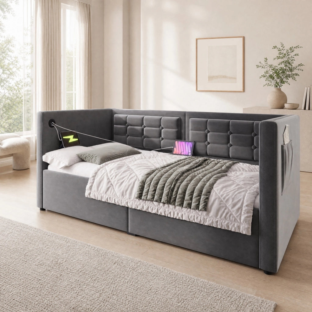 Letto divano imbottito 90x200 cm con vano contenitore idraulico, stazione di ricarica USB e Type-C, velluto grigio, senza materasso