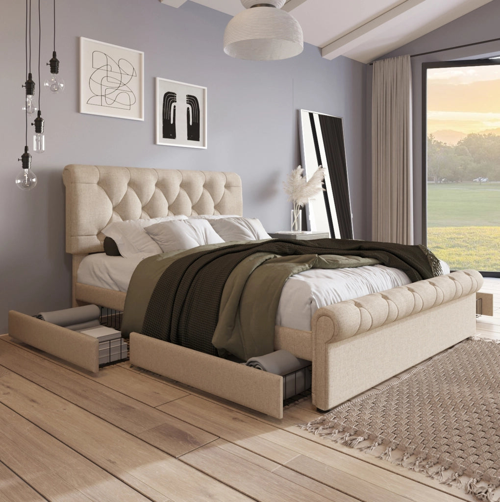 Letto matrimoniale 140x200 cm con 4 cassetti e testiera regolabile; naturale