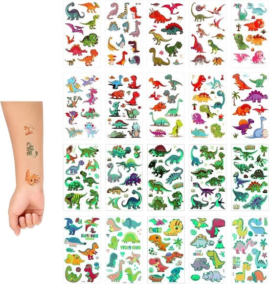 Tatuaggi a tempo limitato per bambini - Dinosauri che brillano al buio - Stickers di cartone acqua-resistenti per tema dino - Set da 20 pezzi