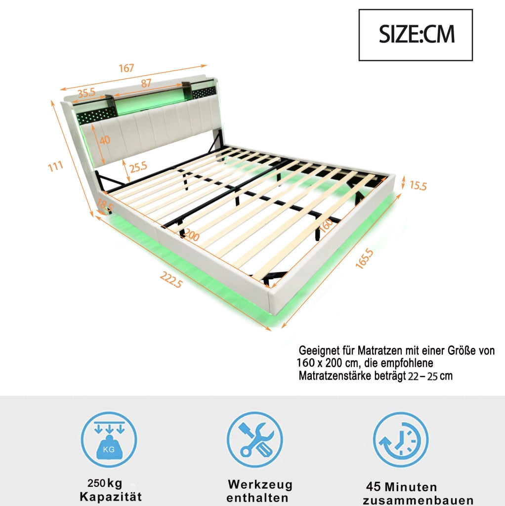 Letto imbottito 160x200 cm con LED e USB; testiera con contenitore e ripiani; tessuto lino beige