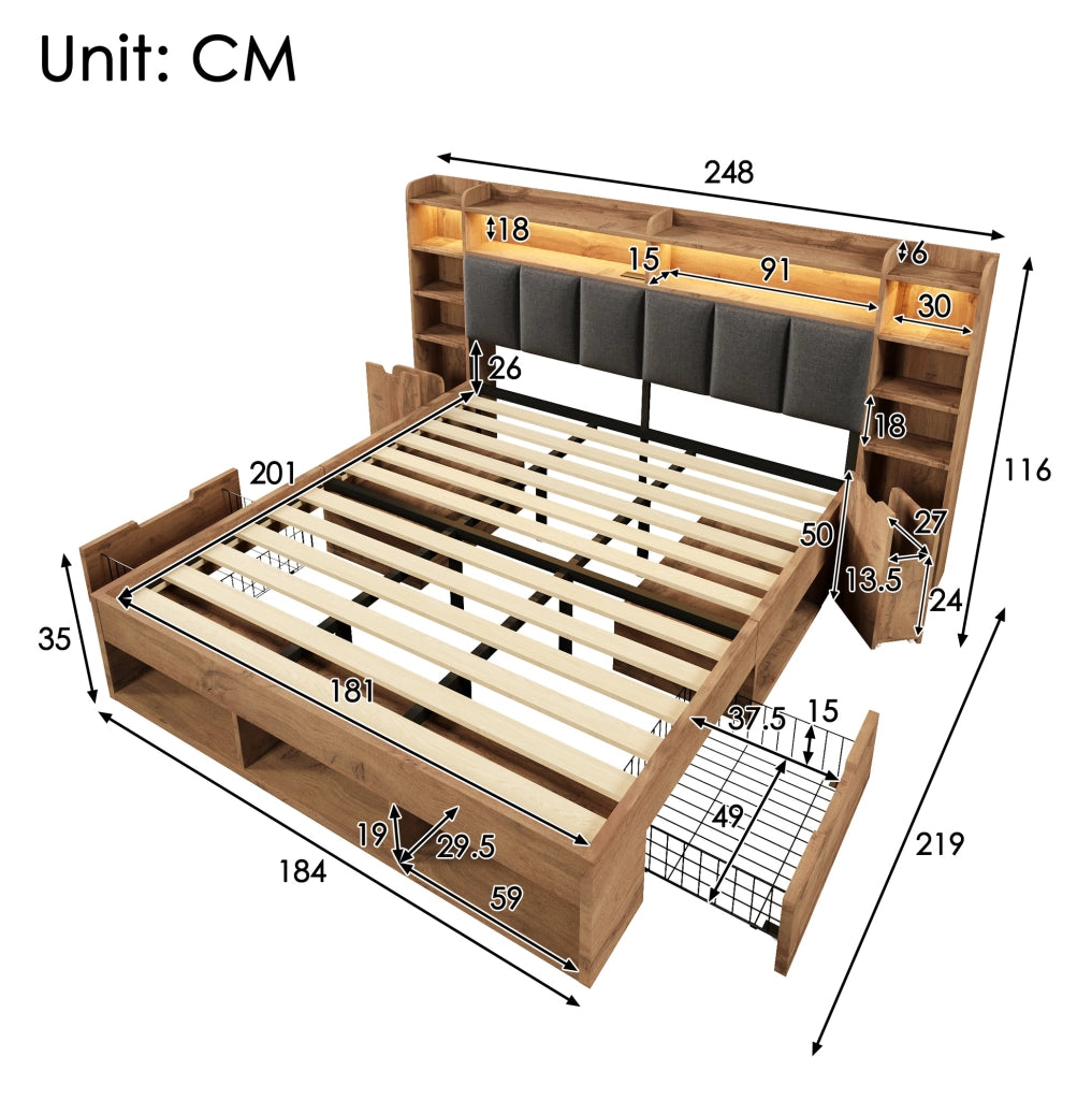Letto matrimoniale 180x200 cm con LED; USB e USB-C; cassetti e comodini mobili; rovere