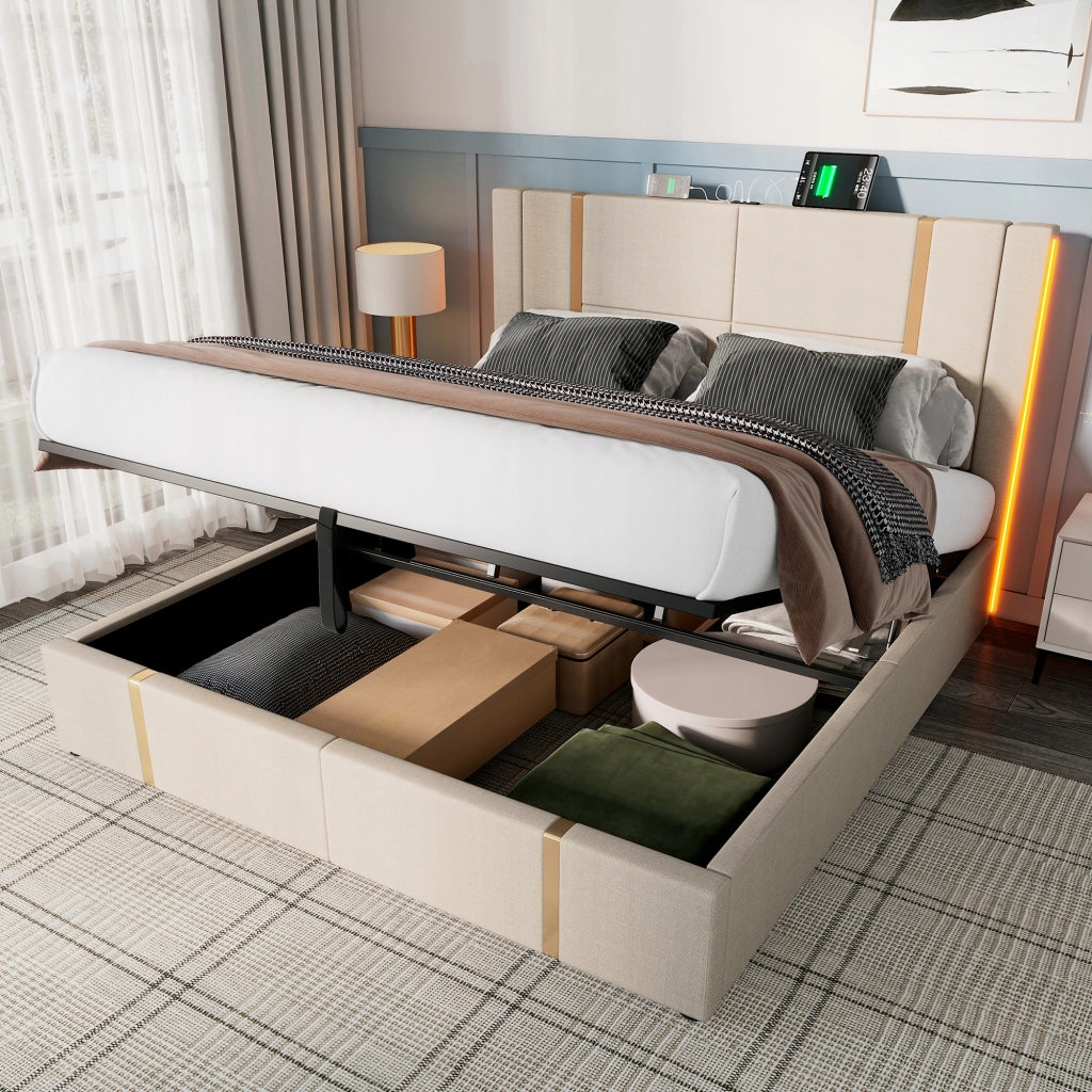 Letto imbottito matrimoniale - Xylo - 160x200 - Beige - USB-C LED APP