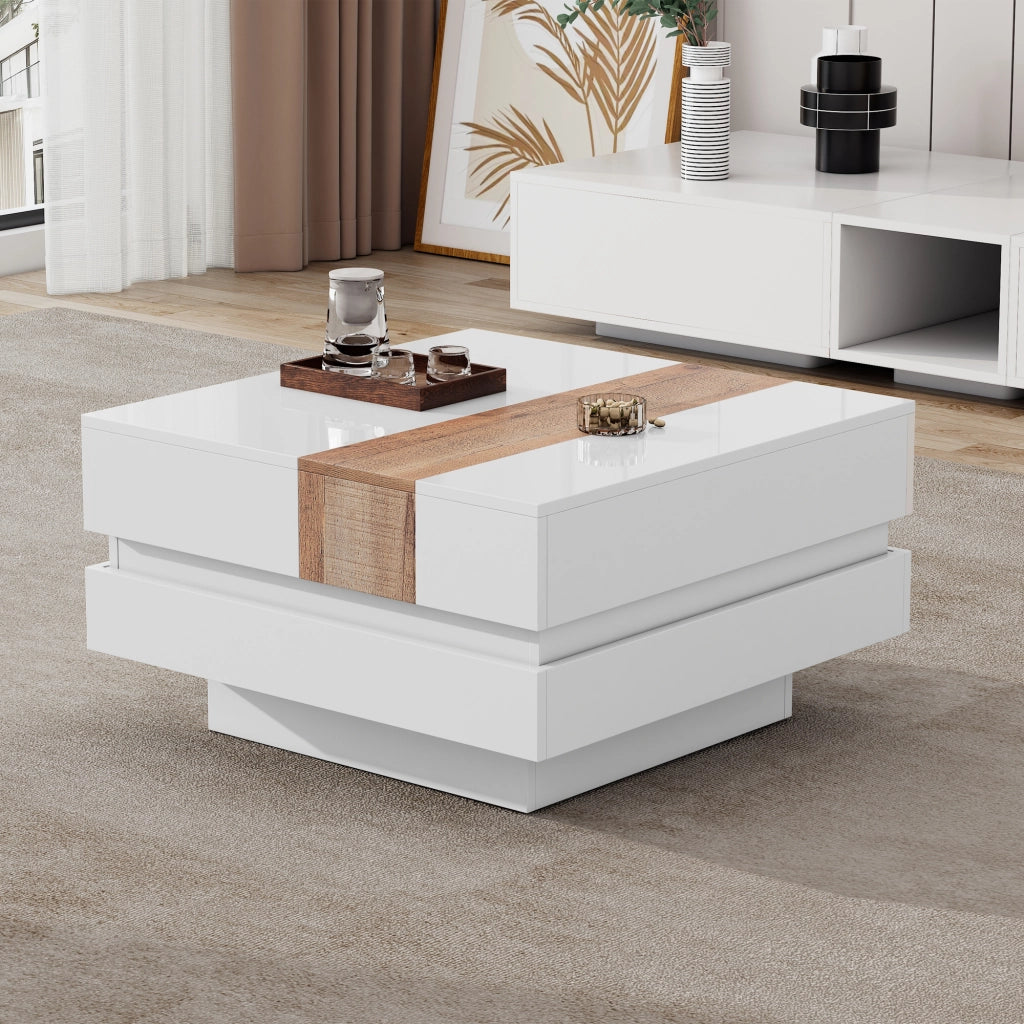 Tavolino da caffè 70x70x39 cm; piano estraibile con vano nascosto; pannello truciolare bianco