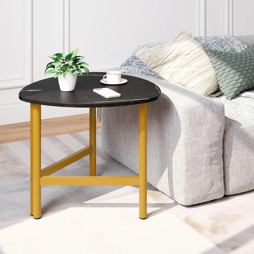 Tavolino da Salotto Triangolare, Tavolino Ovale con Gambe in Metallo, Tavolo Piccolo Industriale e Moderno per Soggiorno, Ufficio e Studio, 60 x 59 x 50 cm (Nero)