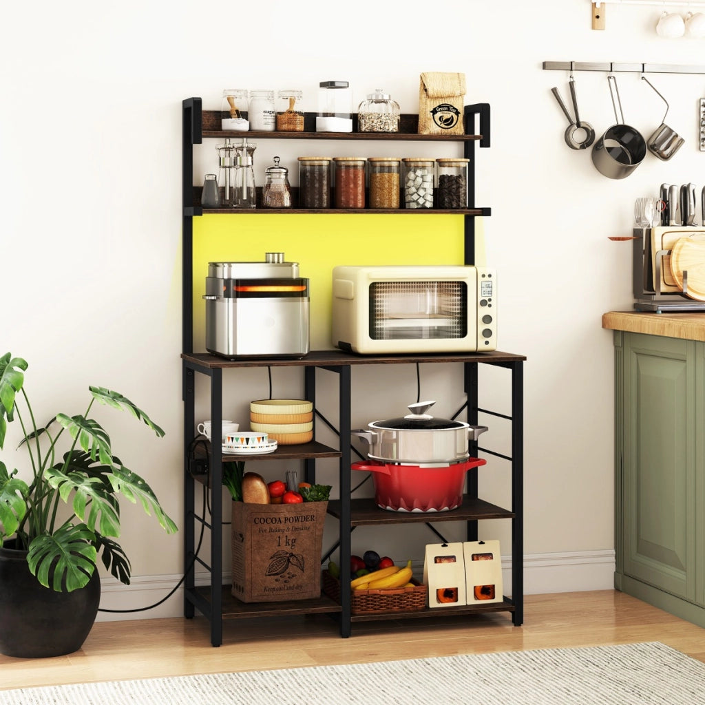 Supporto per forno a microonde a 5 ripiani con luci LED per sala da pranzo-Scaffale da cucina con presa di corrente Marrone