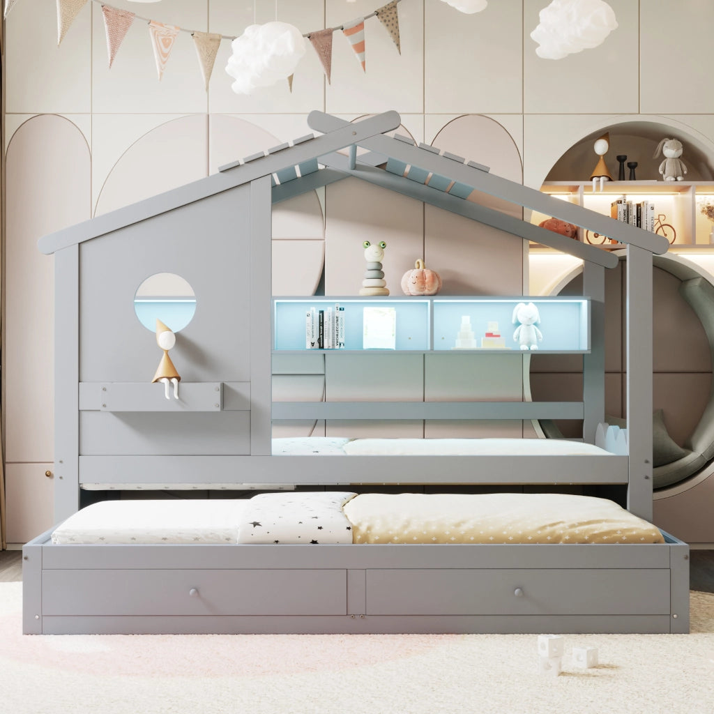 Letto Singolo con Letto Estraibile e LED ¨C MINIMAL ¨C Grigio, 90x200, con Cassetti e USB