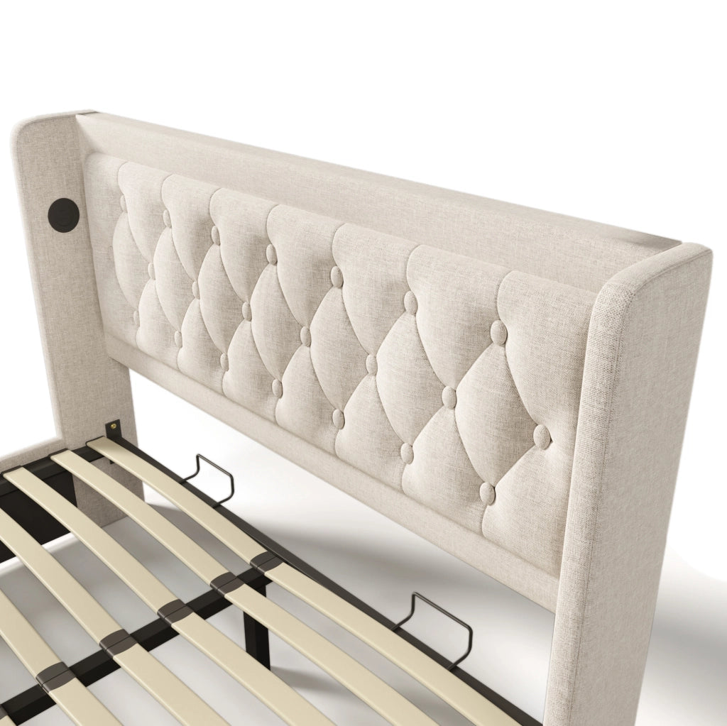 Letto matrimoniale imbottito 140x200 cm con contenitore; USB Type-C e LED; cotone beige (Senza materasso)