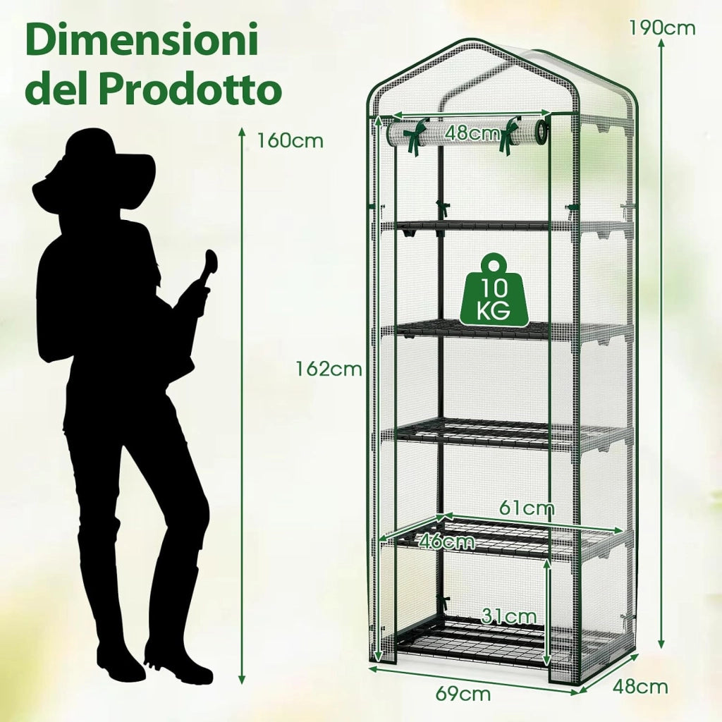 Mini Serra da Esterno ed Interno, Serra da Giardino con 5 Ripiani, Copertura in PE, Porta con Cerniera a Rotolo e Telaio in Metallo Antiruggine, Ideale per Balcone, Patio e Giardino