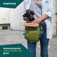 Mantona elementsPro 10 verde - borsa fotografica per fotografi all'aperto con cintura, imbottitura traspirante e copertura antipioggia - compatta e leggera - per fotocamere DSLR
