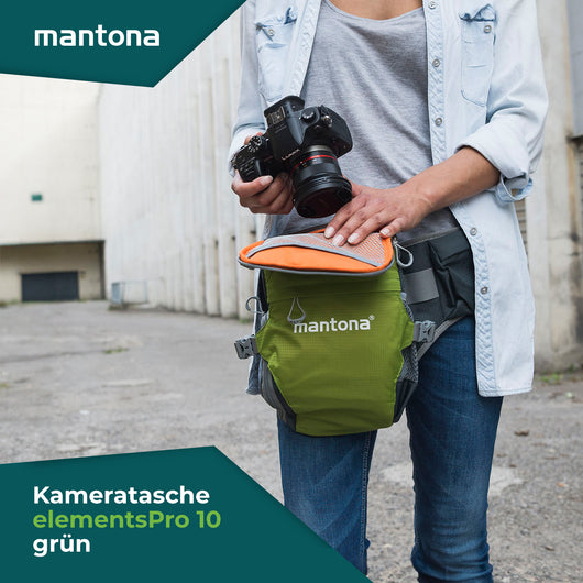Mantona elementsPro 10 verde - borsa fotografica per fotografi all'aperto con cintura, imbottitura traspirante e copertura antipioggia - compatta e leggera - per fotocamere DSLR