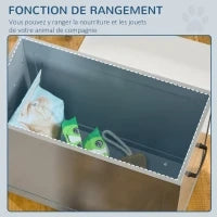 Ciotola rialzata per cani e gatti, 60L x 30P x 41H cm, 2 ciotole da 2L, maniglie e contenitore in legno, grigio
