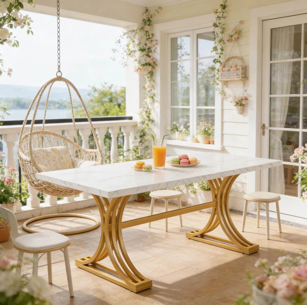 Tavolo da pranzo 160 x 80 cm in marmo artificiale e metallo; bianco e oro