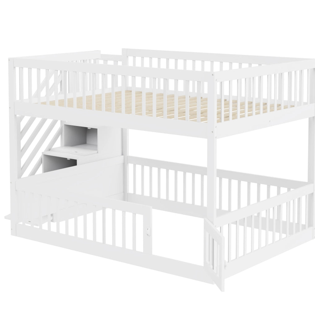 Letto a castello 140x200 cm con scala e cassetti in legno bianco