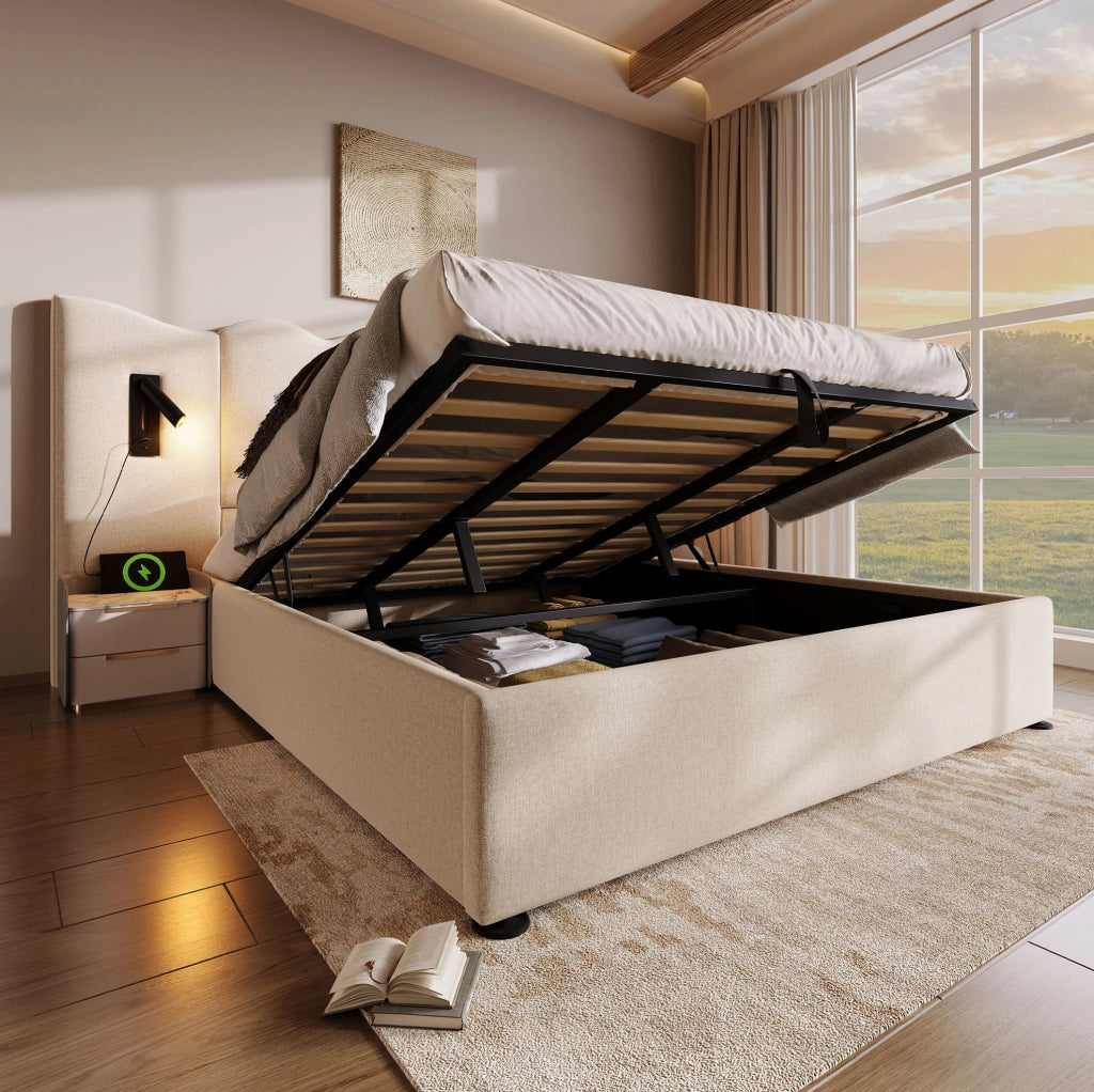 Letto contenitore 180x200 cm con lampada da lettura; USB Type-C; lino; beige