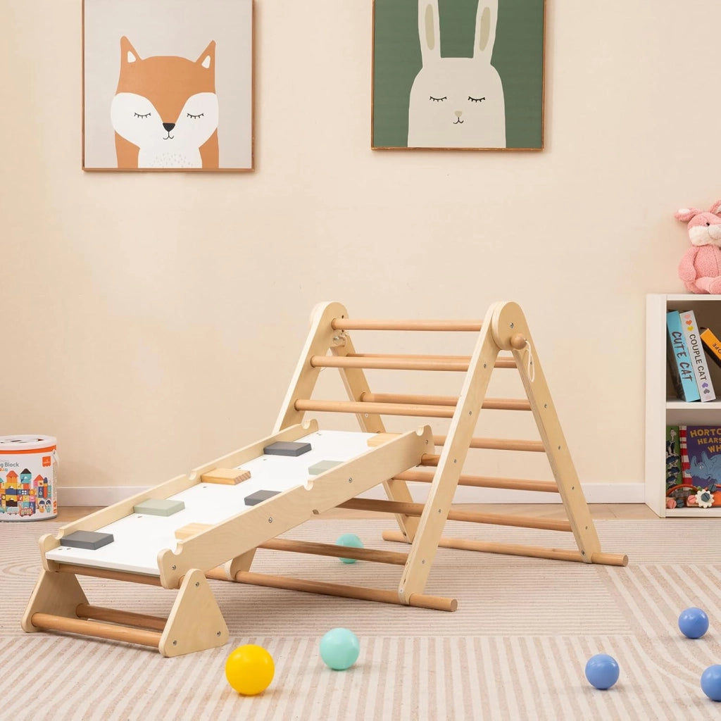 Set di Arrampicata per Bambini 3 in 1, Arrampicata in Legno Pieghevole con Rampetta a Doppia Faccia e Triangolo di Arrampicata Regolabile, Triangolo Montessoriana per Bambini 3+ Anni