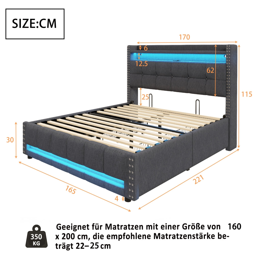 LETTO imbottito 160x200 cm Grigio con LED, USB, cassetti e ripiani