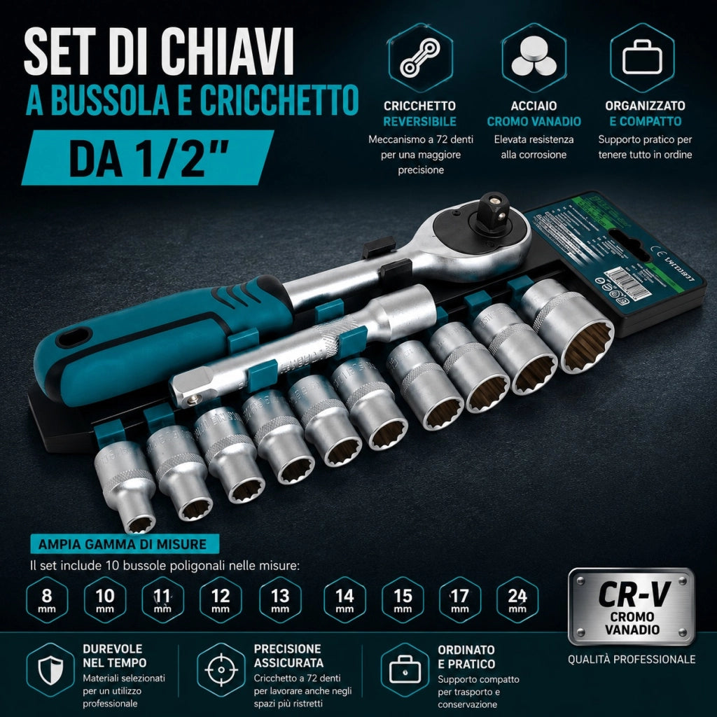 Set 12 Chiavi a Bussola 1/2" con Cricchetto e Prolunga 125 mm VHT02527
