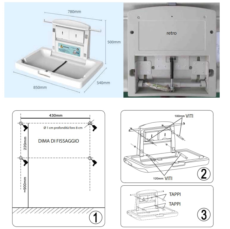 Fasciatoio orizzontale per bambini richiudibile in HDPE colore grigio da parete con apertura a ribalta dimensioni 860x500x580 mm portata fino a 20 kg per bagni pubblici e privati DH