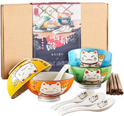 Insalata e Zuppa Ciotola in Ceramica Porcellanata Giapponese con Spugne - Set di 4 - Ciotola Maneki Neko per Dessert e Spuntini Giapponese con Gatto Fortunato