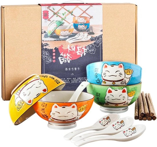 Insalata e Zuppa Ciotola in Ceramica Porcellanata Giapponese con Spugne - Set di 4 - Ciotola Maneki Neko per Dessert e Spuntini Giapponese con Gatto Fortunato