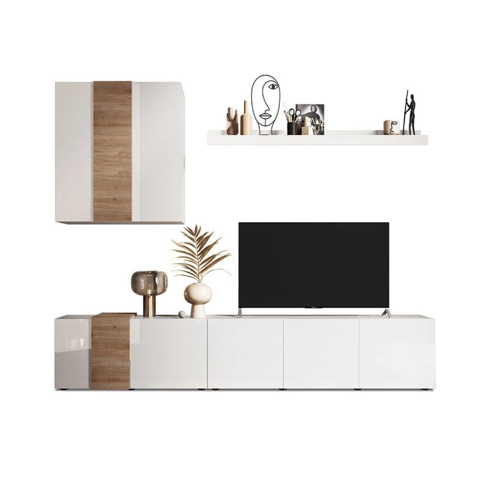 Parete attrezzata 301x44x195h Sabry colore bianco lucido rovere Kadiz