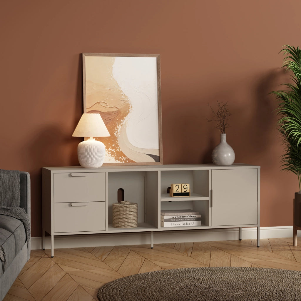 Mobile TV Kliri con 2 Cassetti Scomparti e Anta 150 x 35 x 58 cm in Acciaio - Color Cammello [en.casa]