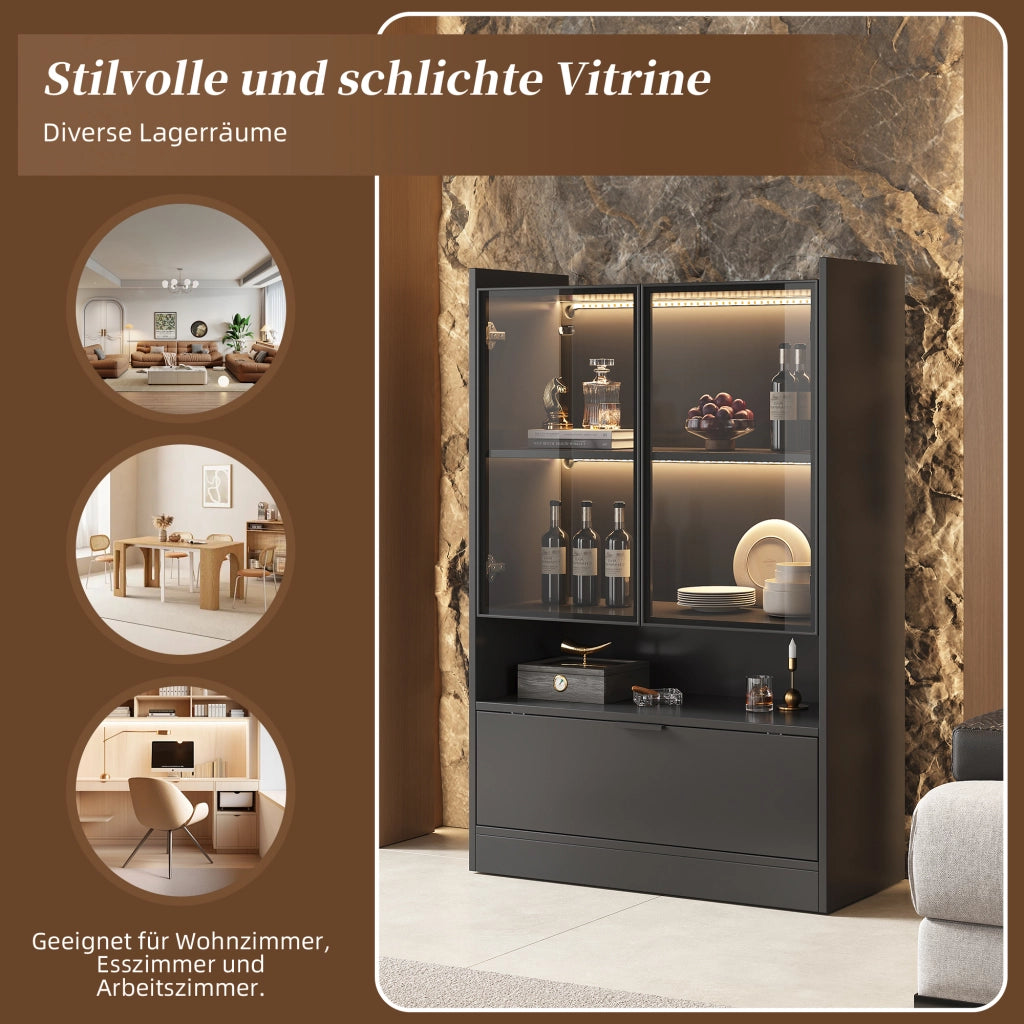 Vetrina con LED e ante in vetro temperato, vano ribaltabile, per soggiorno, in truciolare, nero, 120 × 80 × 35 cm