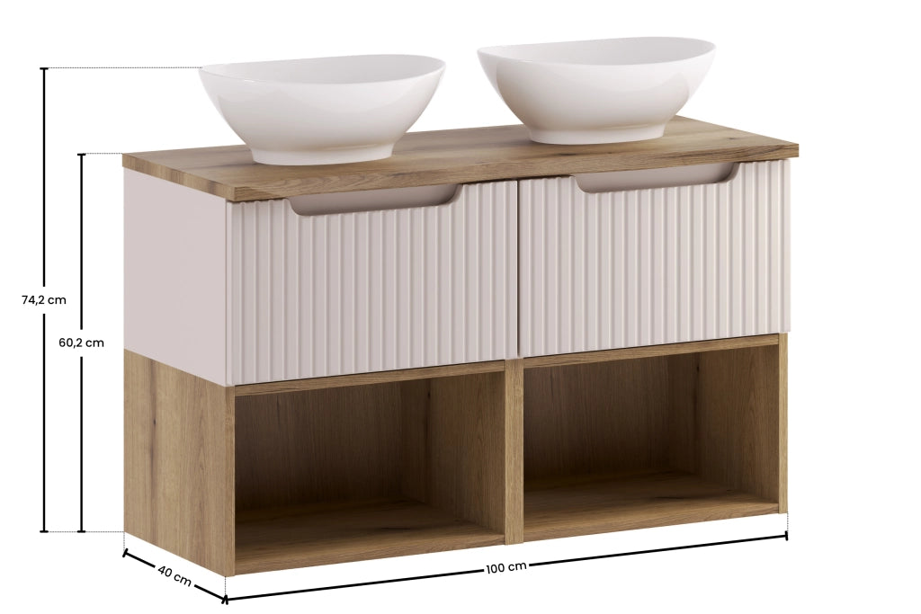Set mobili bagno 100 cm con piano e 2 lavabi da appoggio Lola Nova Cashmere 100 cm