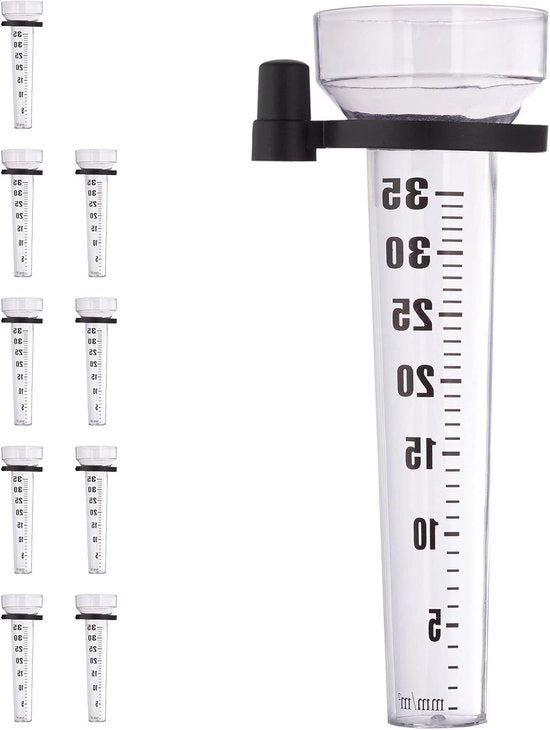 Set di misuratore di pioggia da 10 con supporto e pluviometro - Strisce di misurazione per balcone fino a 35 mm/m² - Materiale plastico trasparente/nero
