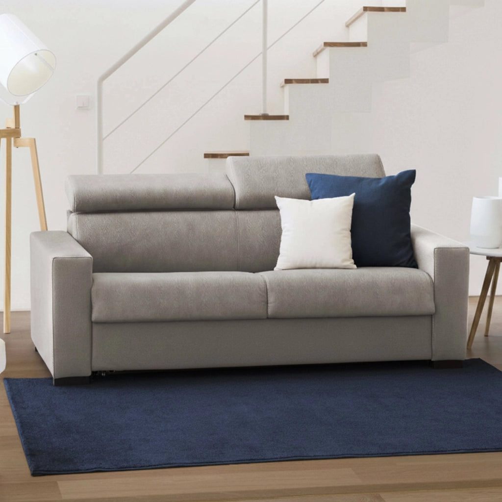 Divano Letto Alinia, Divano a 2 posti, Made in Italy, SofÒ  Soggiorno con apertura girevole, con poggiatesta regolabili e Braccioli slim, cm 160x95h85, Tortora