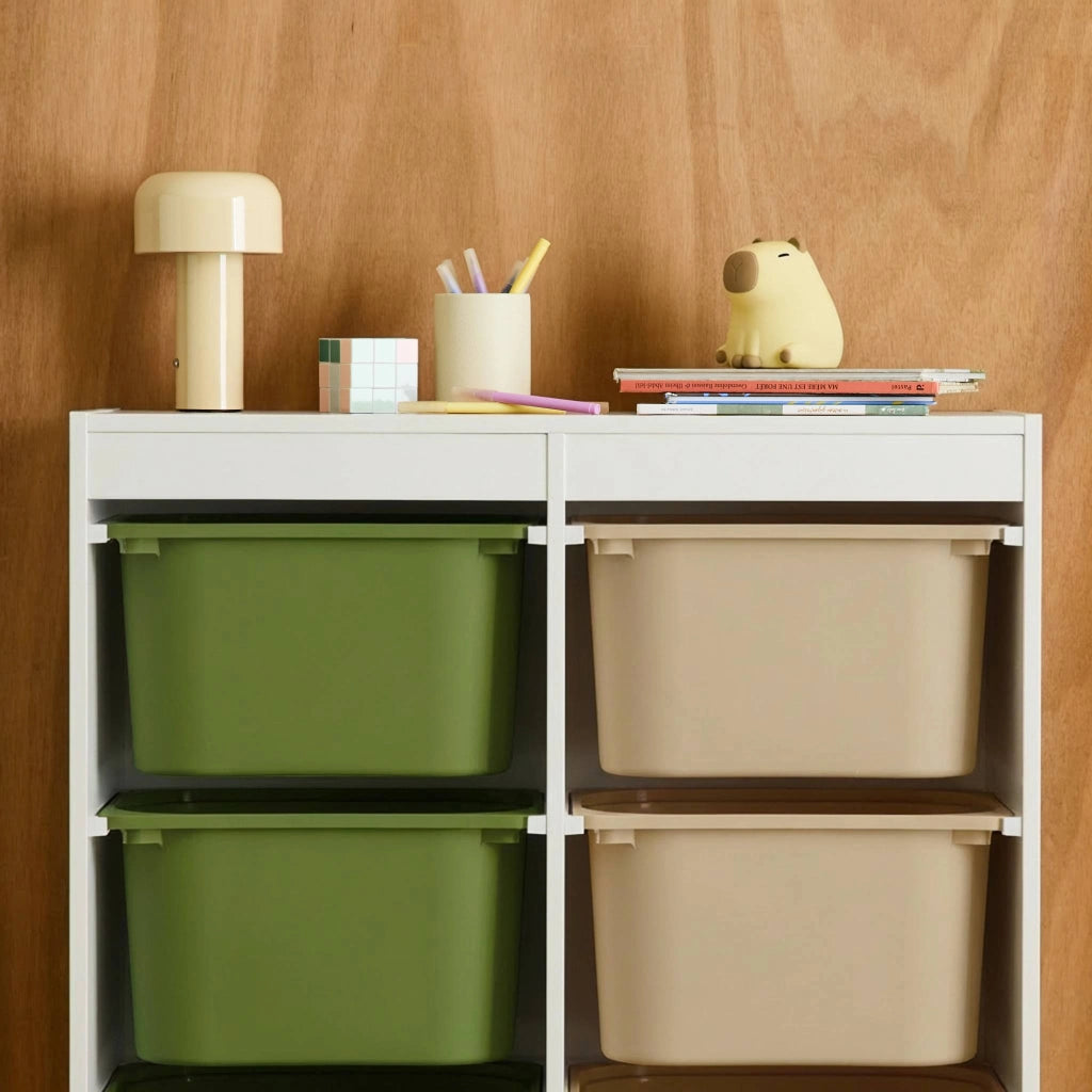 Mobile per bambini con 6 scatole colorate, verde oliva