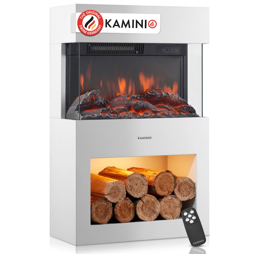 KAMINIO Camino elettrico HENRI - Stufa elettrica con riscaldamento, effetto fiamma 3D, luce ambiente a LED, scomparto de legno, telecomando - Bianco