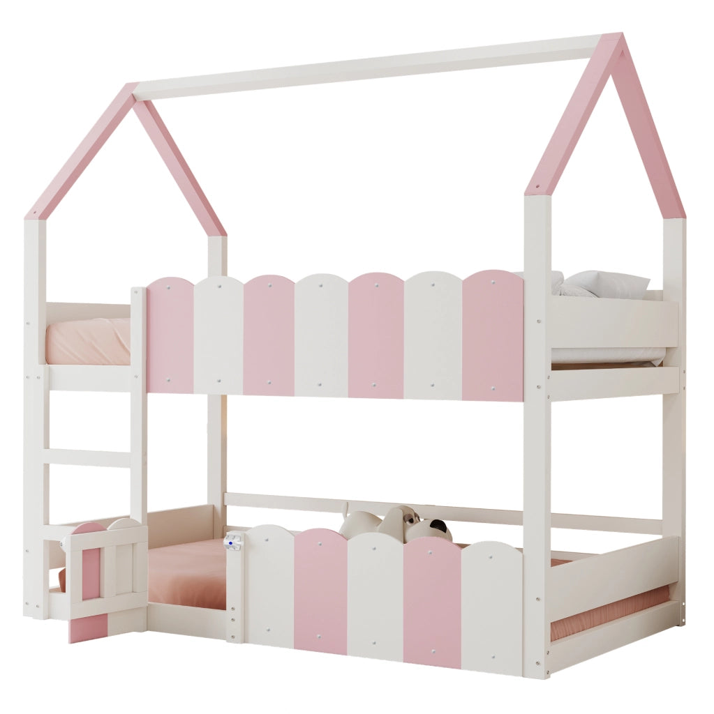Letto a castello a casetta 90x200 cm bianco e rosa