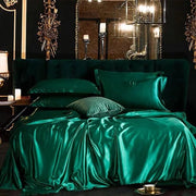 Set di lenzuola da letto, 135 x 200 cm, verde, verde scuro, liscio, liscio, copriletto con chiusura a raffia, 2 pezzi, 100% satino lucido, poliestere, lenzuola da letto estive e cuscini, 80 x 80 cm