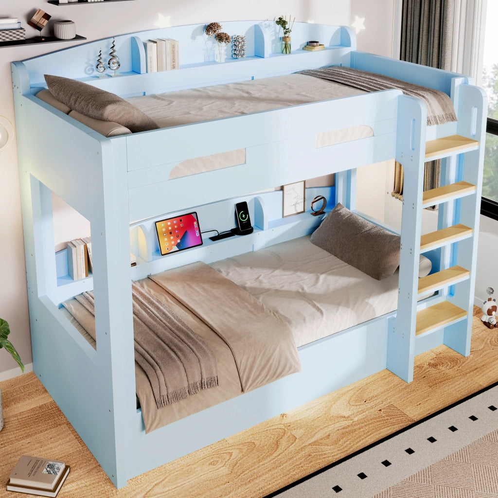 Letto a Soppalco 90x200 cm; Letto 2 Posti - USB e Mensole - in Legno Massello e MDF - Blu