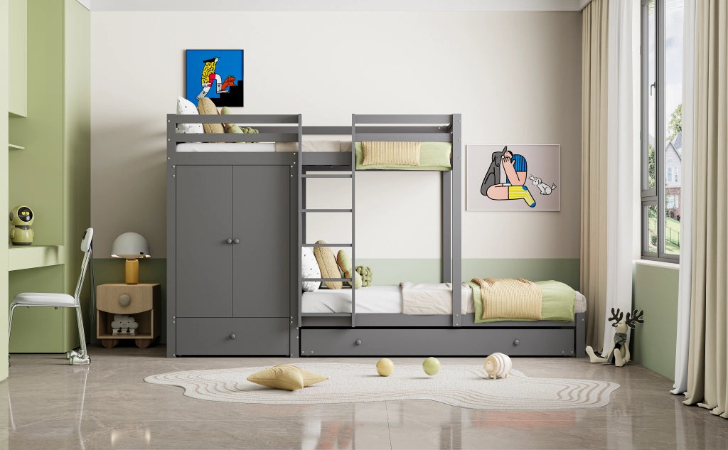 DESMIU Letto a castello 90 × 200 cm 3 posti con letto estraibile, armadio, cassetti e mensola, senza materasso, grigio