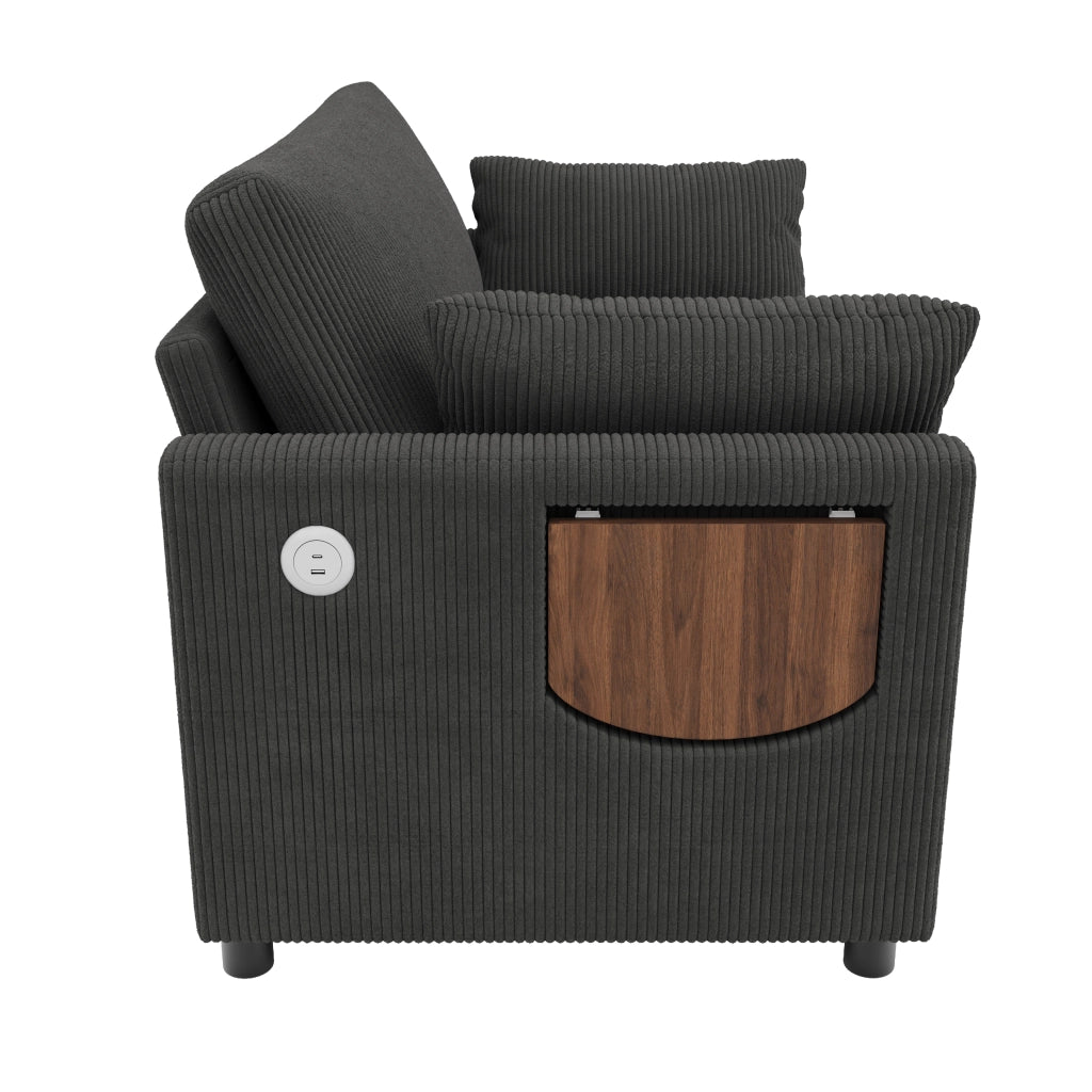 Divano letto 2 posti in corduroy grigio con funzione estraibile, USB/USB-C e materasso
