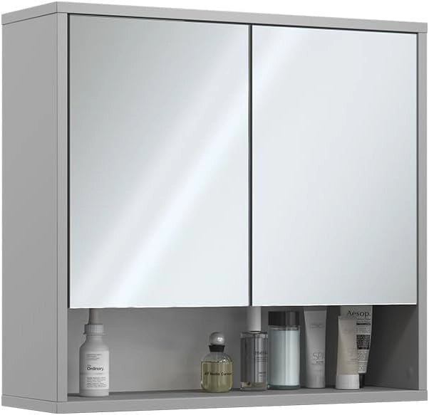 Specchio contenitore bagno Eliza, Grigio, 70 x 65 cm con 2 porte, adatto per montaggio a parete e combinabile con la serie Eliza