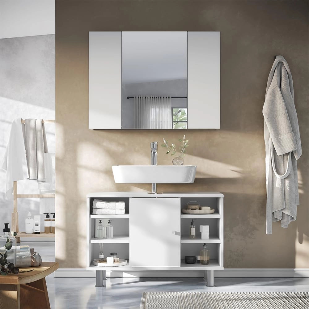 Specchio contenitore bagno Leopold, Bianco, 80 x 59.2 cm con ripiani