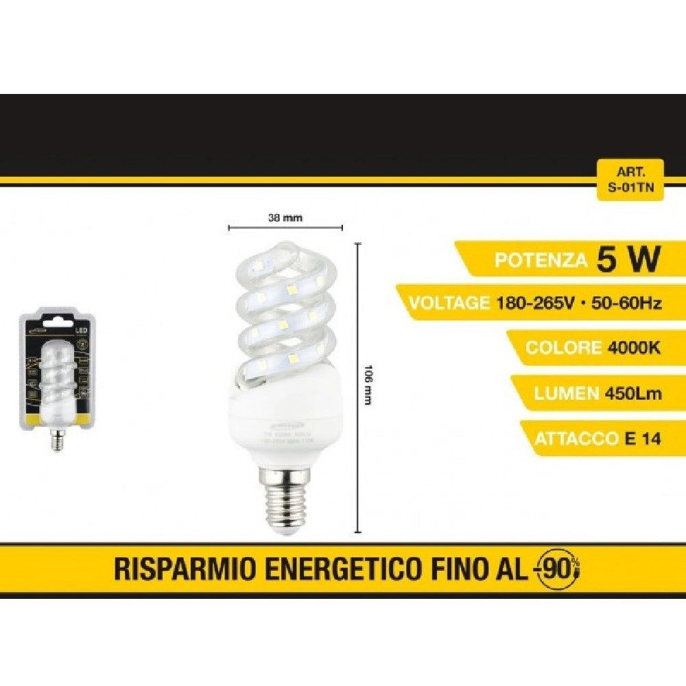 Trade Shop - Lampadina Led A Spirale E14 5 W Luce Bianca Fredda Calda Naturale 28d S-01t -
