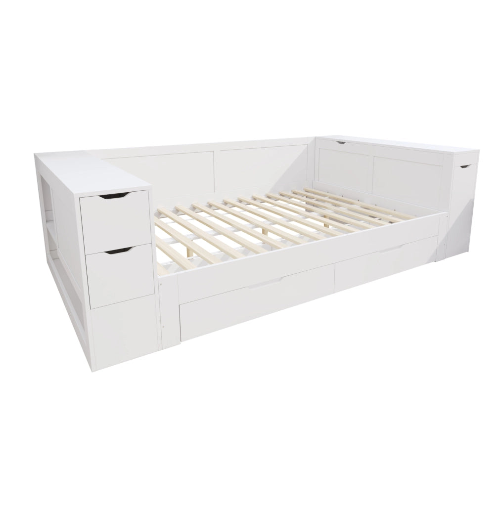 Letto multifunzione 140x200 cm con contenitore; cassetto e comodino estraibile; bianco in MDF