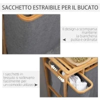Cesto Portabiancheria con 3 Scomparti in Tessuto e Bambù, 50x32x69.7cm
