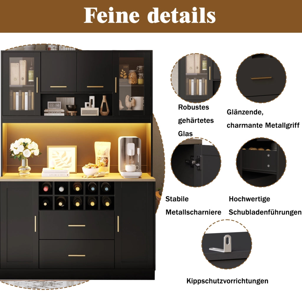 Credenza 120x36;3x180 cm con LED; prese e USB; 6 ante; MDF nero