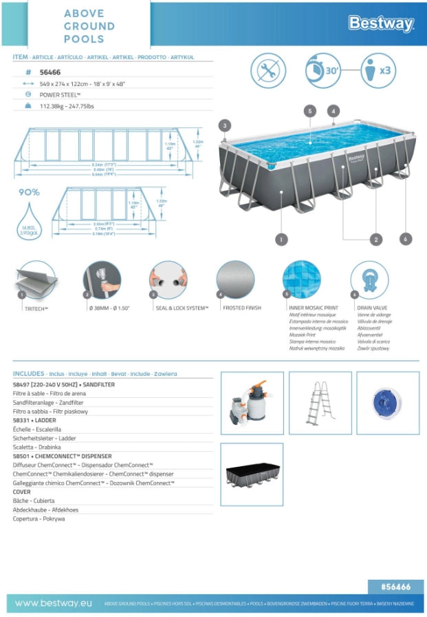 Bestway Power Steel Piscina mis.549x274x122 cm, pvc/tritech, effetto mosaico interno, include filtro a sabbia, copertura, scaletta, dosatore chimico ChemConnect