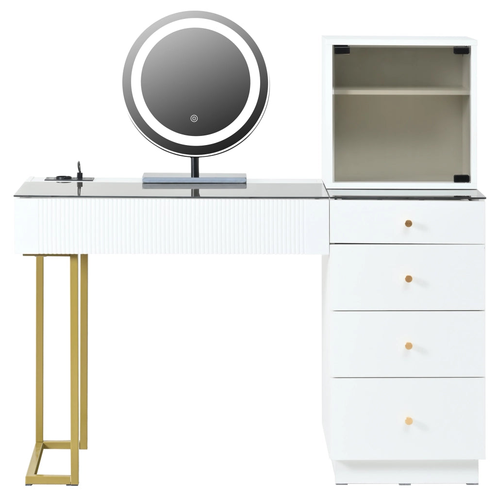 Set toeletta moderno con specchio LED, 5 cassetti, armadietto con anta in vetro e piano in vetro temperato, bianco, 120 x 40 x 120 cm