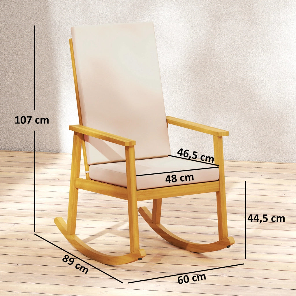 Poltrona a Dondolo in Legno di Acacia con Schienale Alto e Cuscino ¨C Zephmum ¨C Beige 60x89x107 cm