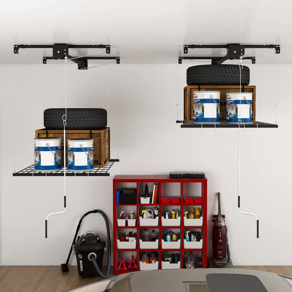 Scaffale da garage con sistema a manovella e blocco manuale per montaggio a soffitto; acciaio; nero; 120×120 cm