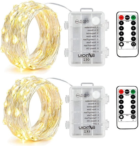 Decorazione esterna per Natale con 50 LED, filo argentato, catena di luce micro, batteria, 8 programmi, luce calda bianca
