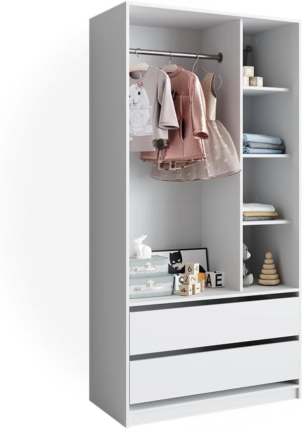 Guardaroba per bambini Elmo, Bianco, 100 x 200 cm con 2 cassetti, adatto per la conservazione ordinata di abbigliamento per bambini